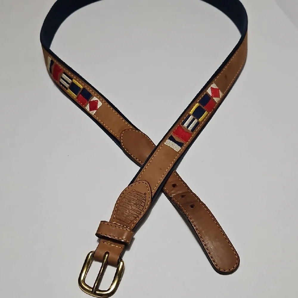 Zeppelin Brown Leather & Blue Belt with Nautical Flags Brass Buckle Size 44